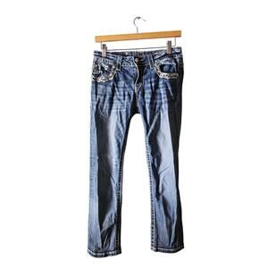 MISS ME midrise easy cropped jeans sz 27 bedazzled white stitching bling WJ166